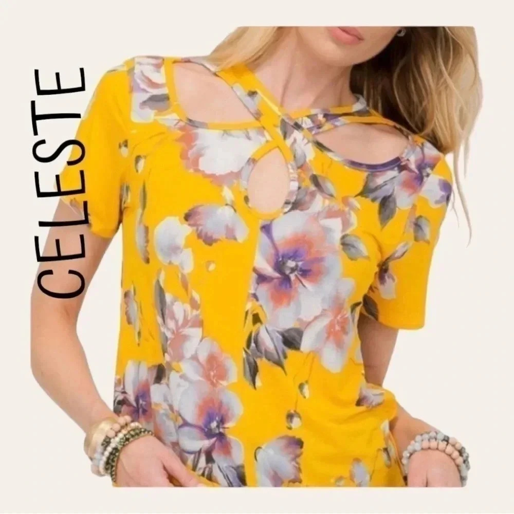 0416W. CELESTE SHORT SLEEVE TOP LIGHTWEIGHT SIZE‎ X-LARGE FLORAL PRINT YELLOW
